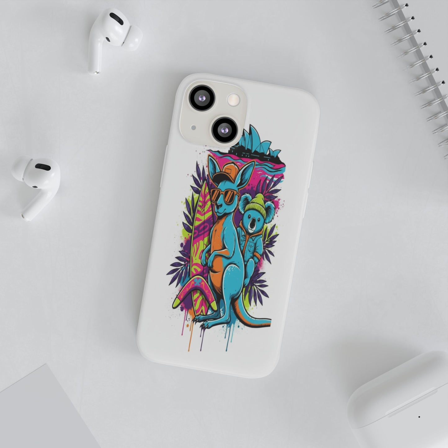 Kangaroo & Koala Surf Phone Case — Neon Aussie Beach Vibes Flexible Case