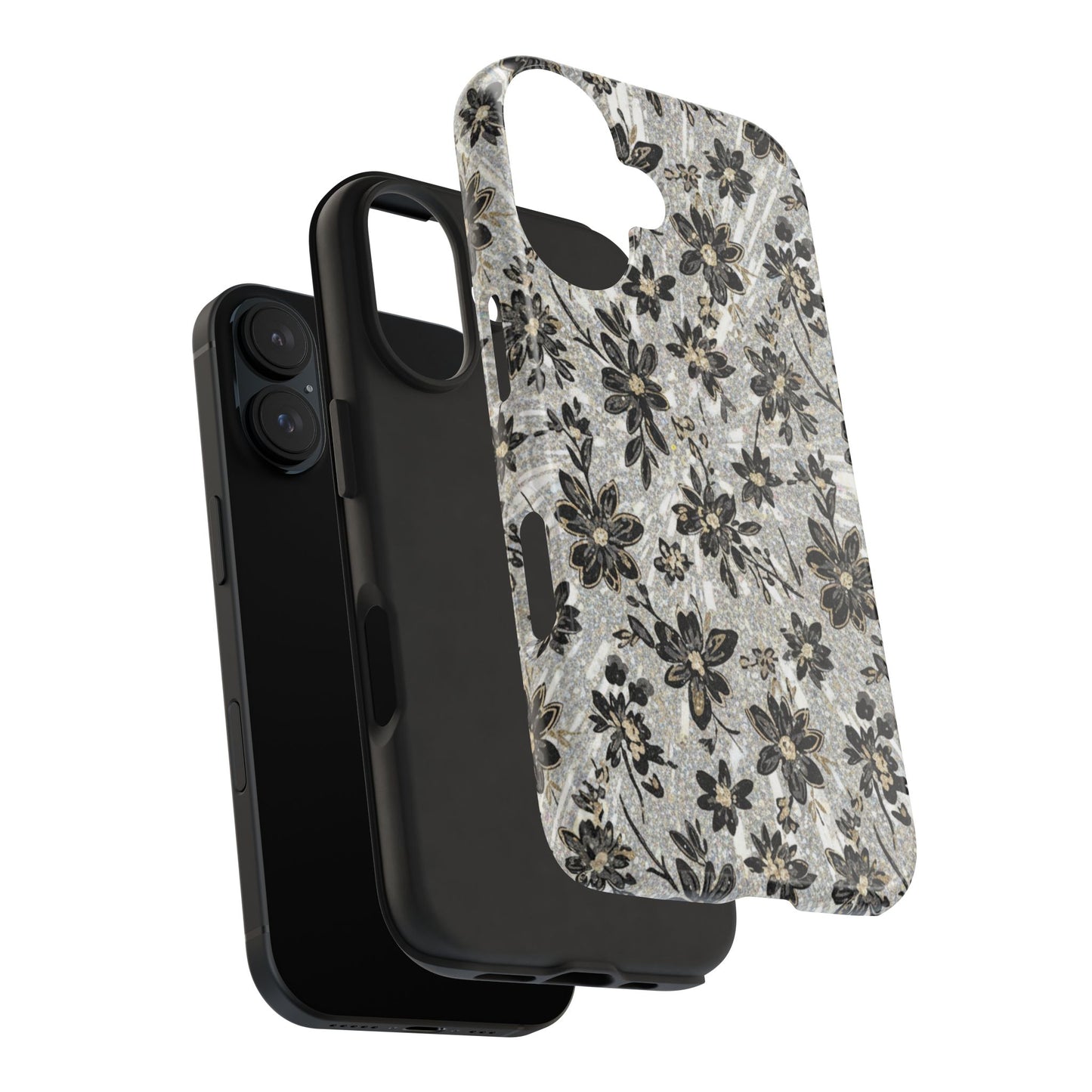 Floral Vintage Tough Phone Case — Black & Gray Rustic Flower Protective Case