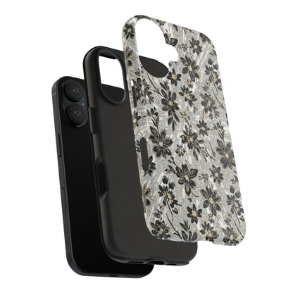 Floral Vintage Tough Phone Case — Black & Gray Rustic Flower Protective Case