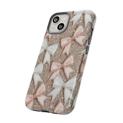 Glitter Bow Tough Phone Case — Pink & White Ribbon Protective Cover
