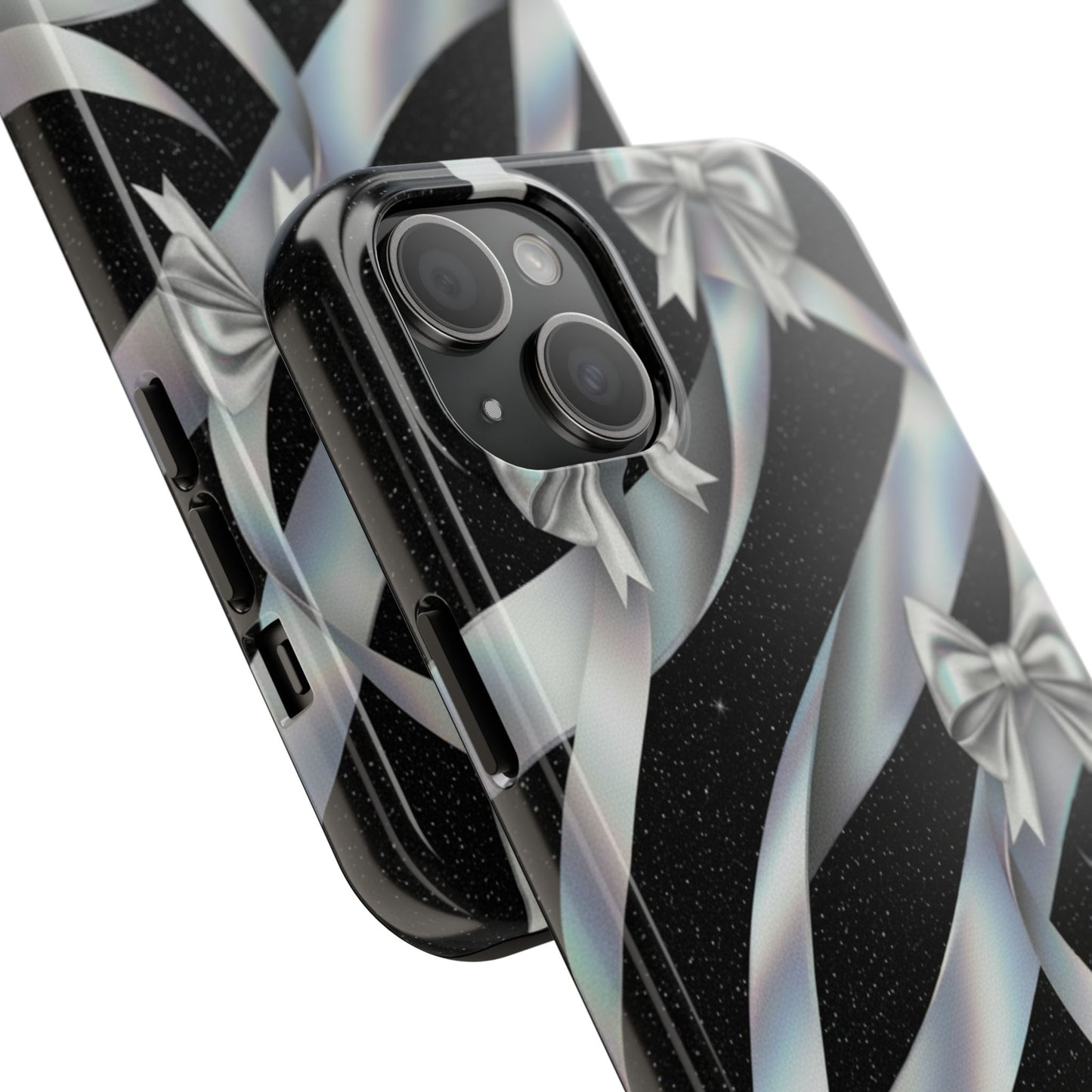 Silver Ribbon Bow Tough Phone Case — Glitter Black Protective Phone Case