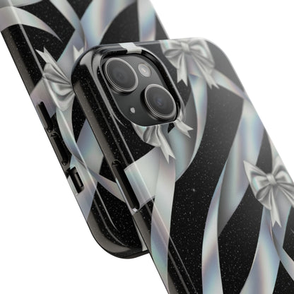 Silver Ribbon Bow Tough Phone Case — Glitter Black Protective Phone Case