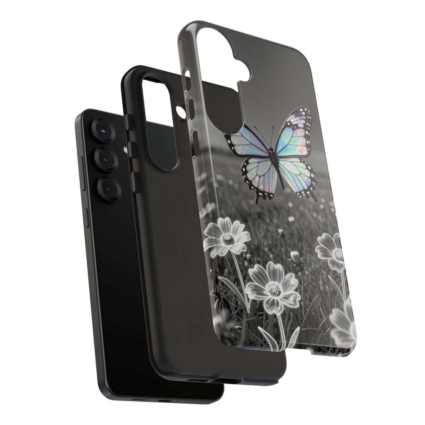 Butterfly Field Tough Phone Case — Pastel Holographic Butterfly on Black & White Floral Background