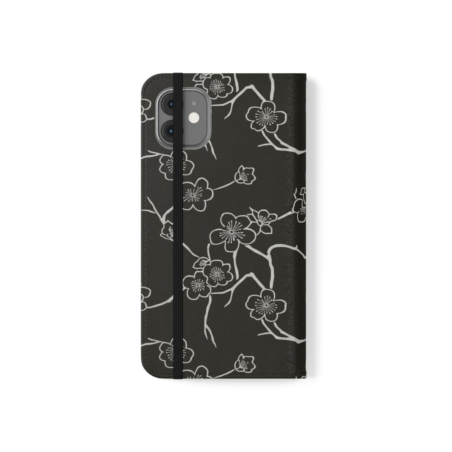 Black Cherry Blossom Flip Phone Case – Floral Wallet Flip Case with Card Slots