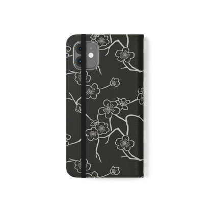 Black Cherry Blossom Flip Phone Case – Floral Wallet Flip Case with Card Slots