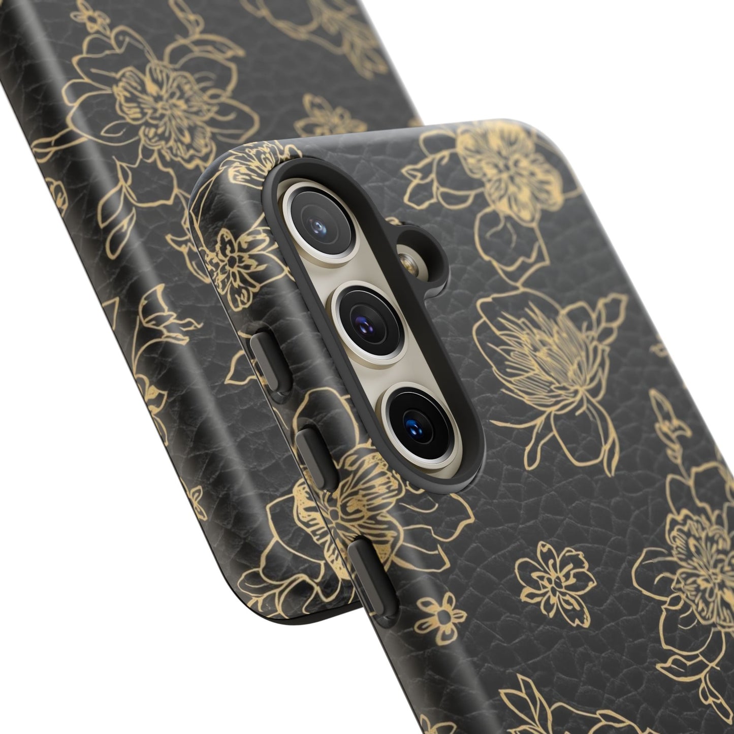 Floral Leather Phone Case — Gold Outline Flowers on Black Tough Case