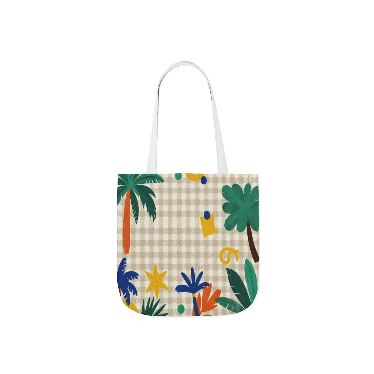Tropical Gingham Canvas Tote — Palm Trees & Colorful Flora