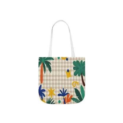 Tropical Gingham Canvas Tote — Palm Trees & Colorful Flora