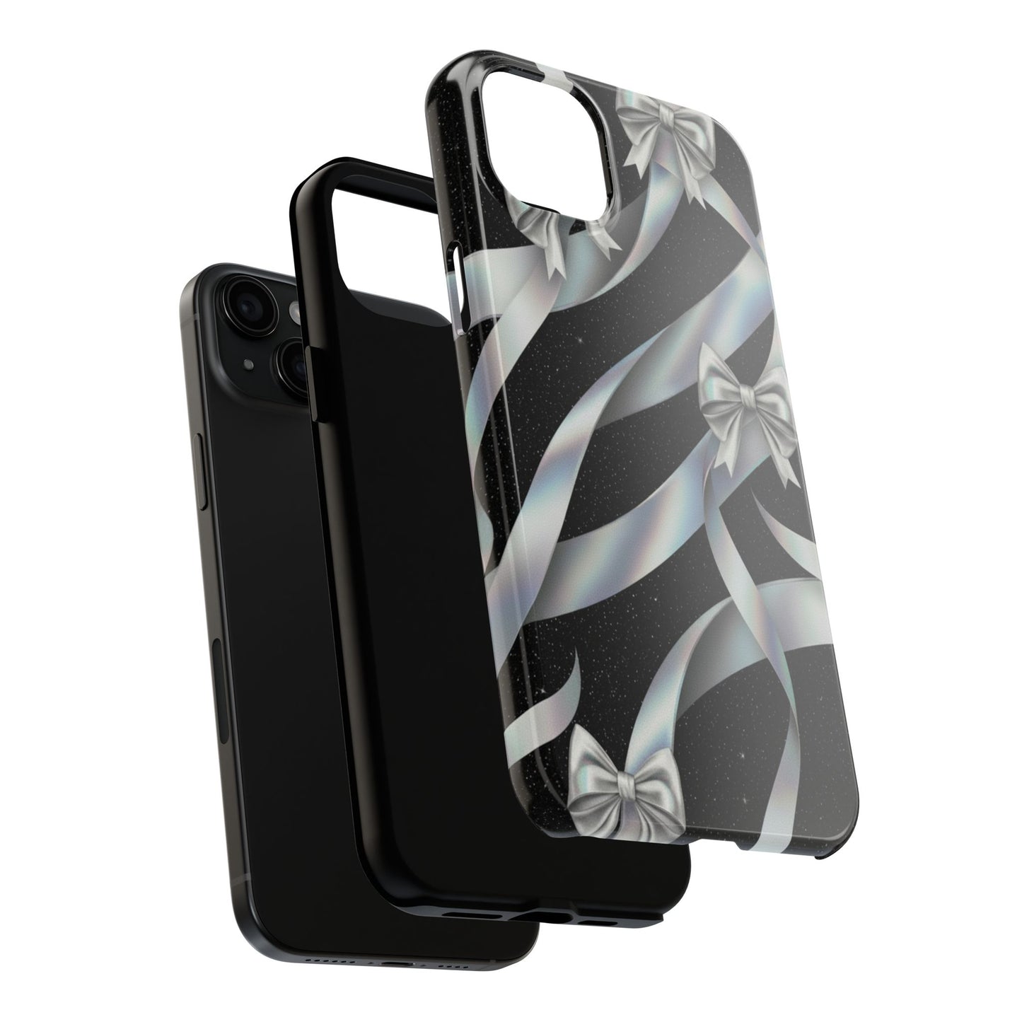 Silver Ribbon Bow Tough Phone Case — Glitter Black Protective Phone Case