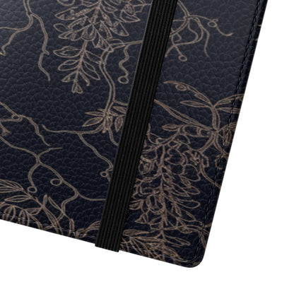 Botanical Noir Flip Phone Case — Dark Floral Wallet Cover with Card Slots