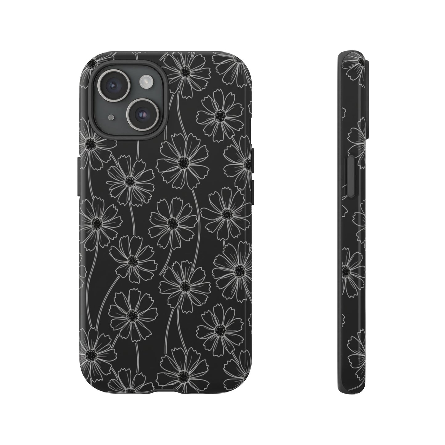 Floral Doodle Tough Phone Case — Black & Gray Daisy Pattern