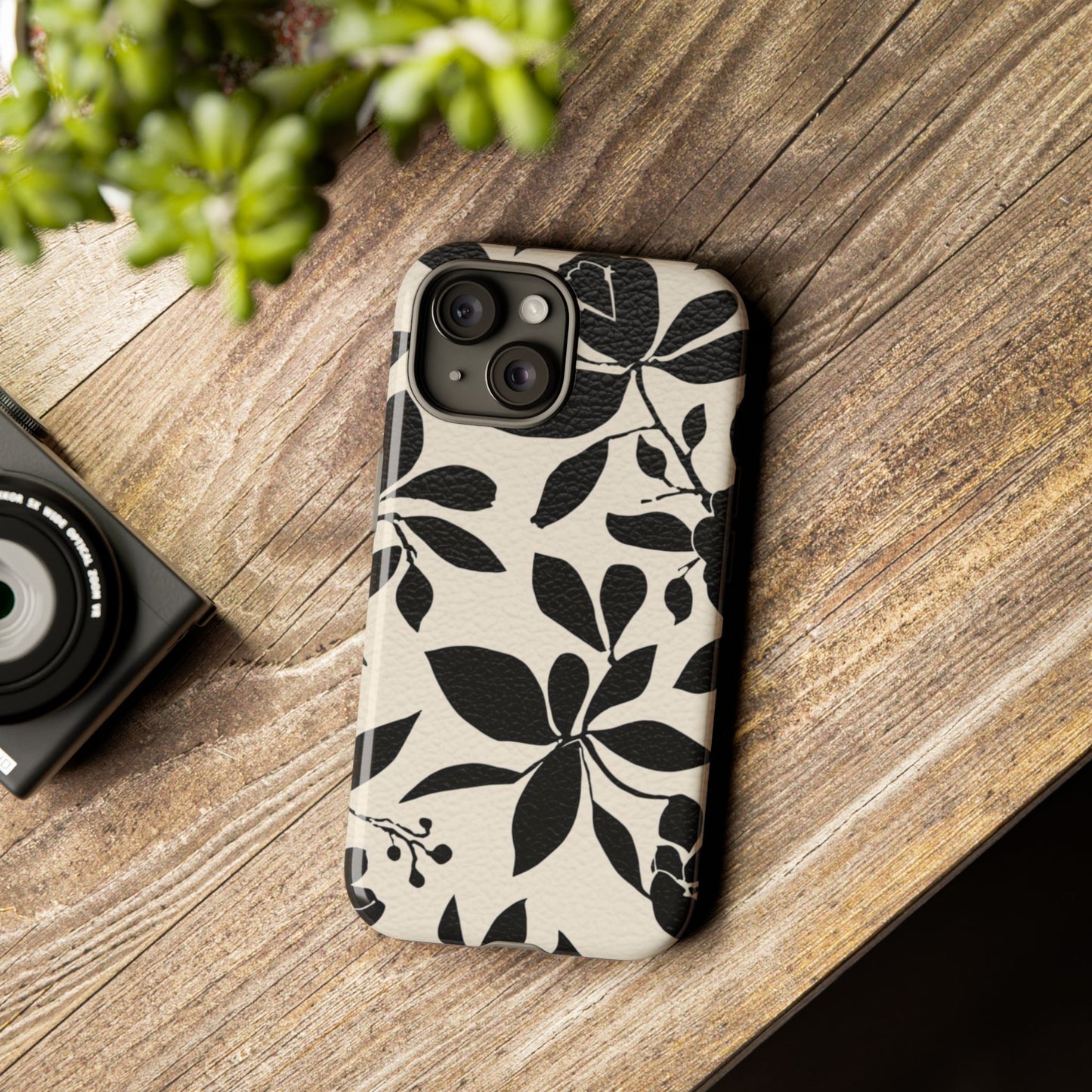 Black Floral Pattern Phone Case — Monochrome Botanical Tough Case
