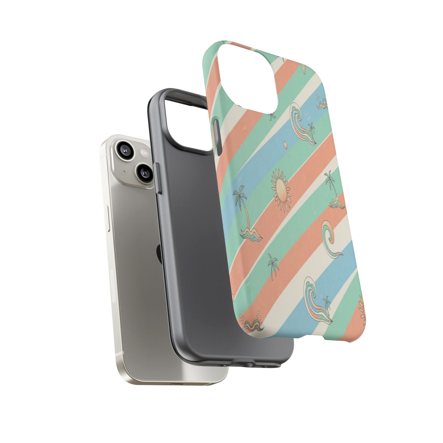 Retro Beach Stripes Phone Case — Sun, Waves & Palm Pattern Tough Case