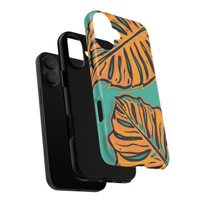 Tropical Leaf Tough Phone Case — Orange Monstera Design on Teal