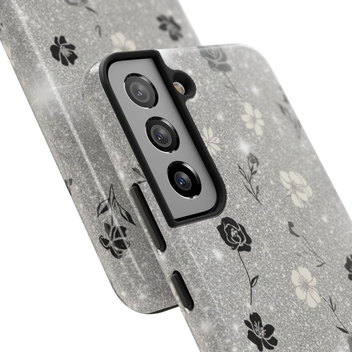 Floral Glitter Tough Phone Case — Black & Silver Vintage Flower Protective Cover