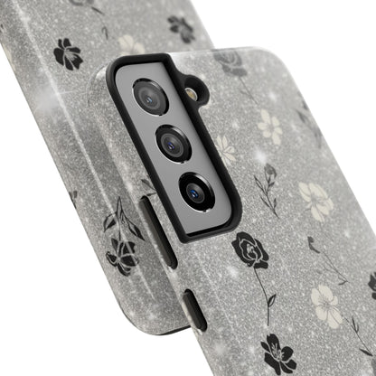 Floral Glitter Tough Phone Case — Black & Silver Vintage Flower Protective Cover