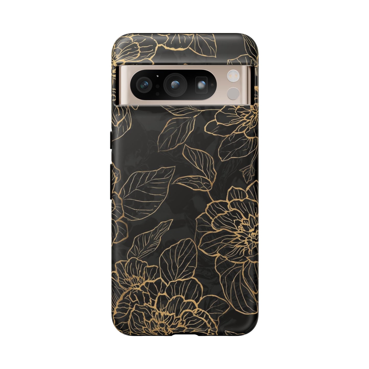 Floral Gold Outline Tough Phone Case – Black Botanical Protective Cover