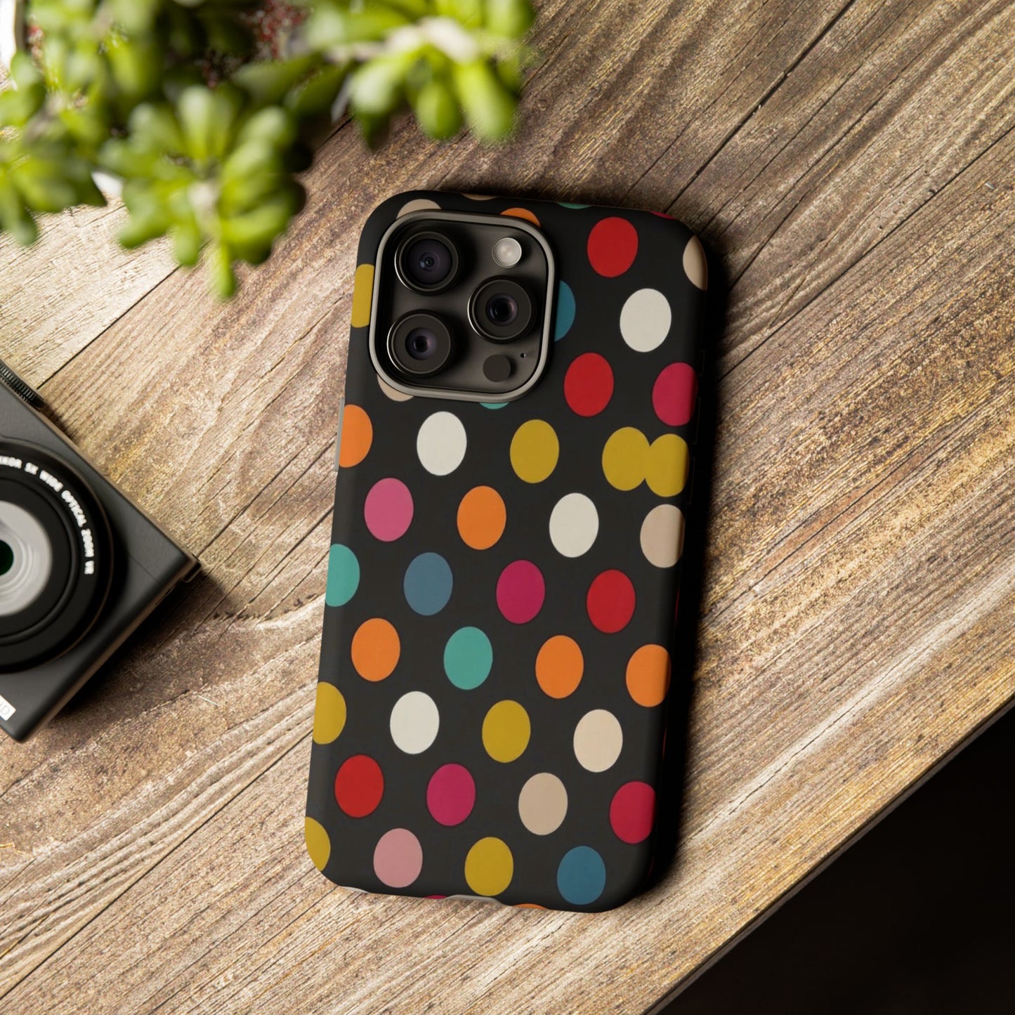 Polka Dot Tough Phone Case – Colorful Retro Dots on Black