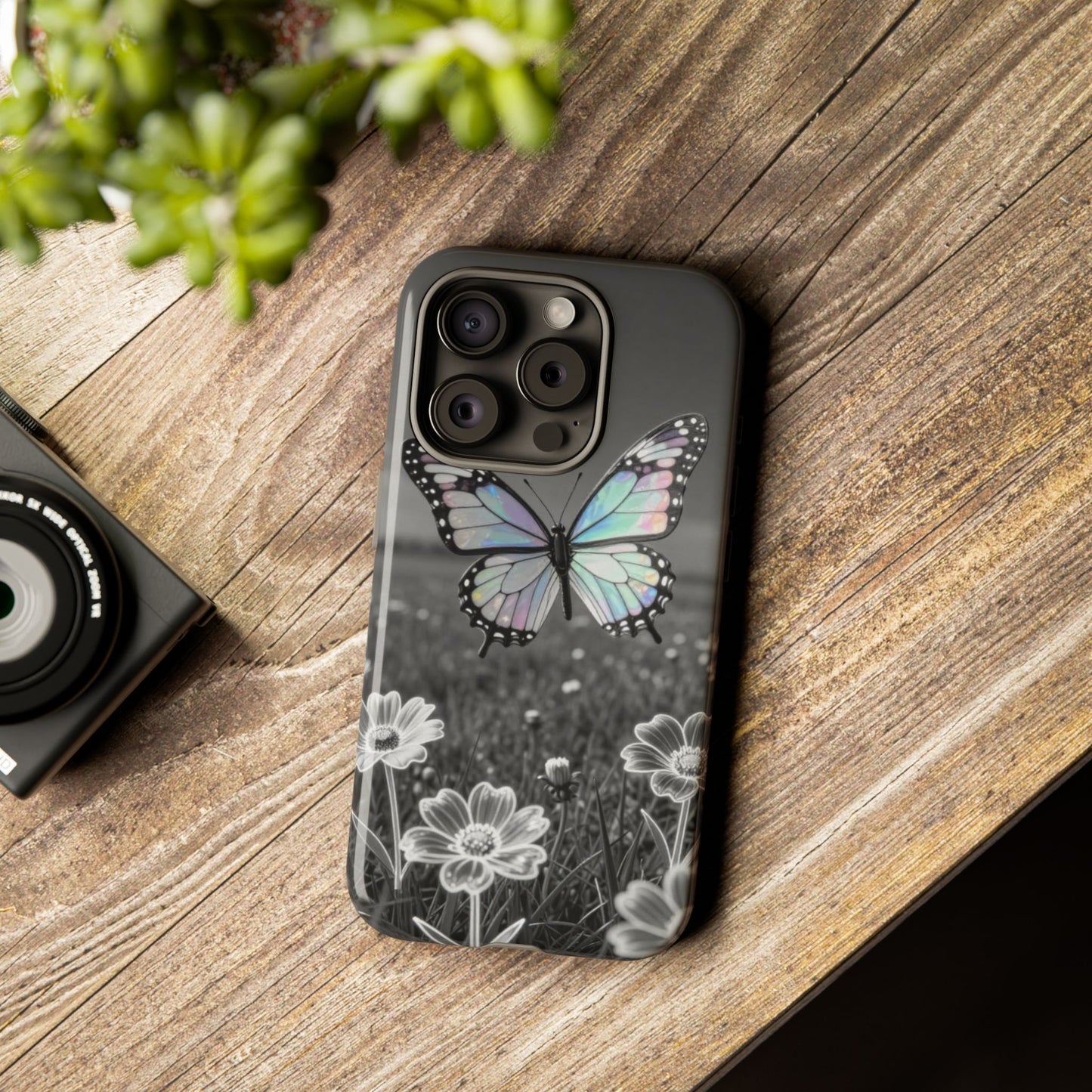 Butterfly Field Tough Phone Case — Pastel Holographic Butterfly on Black & White Floral Background