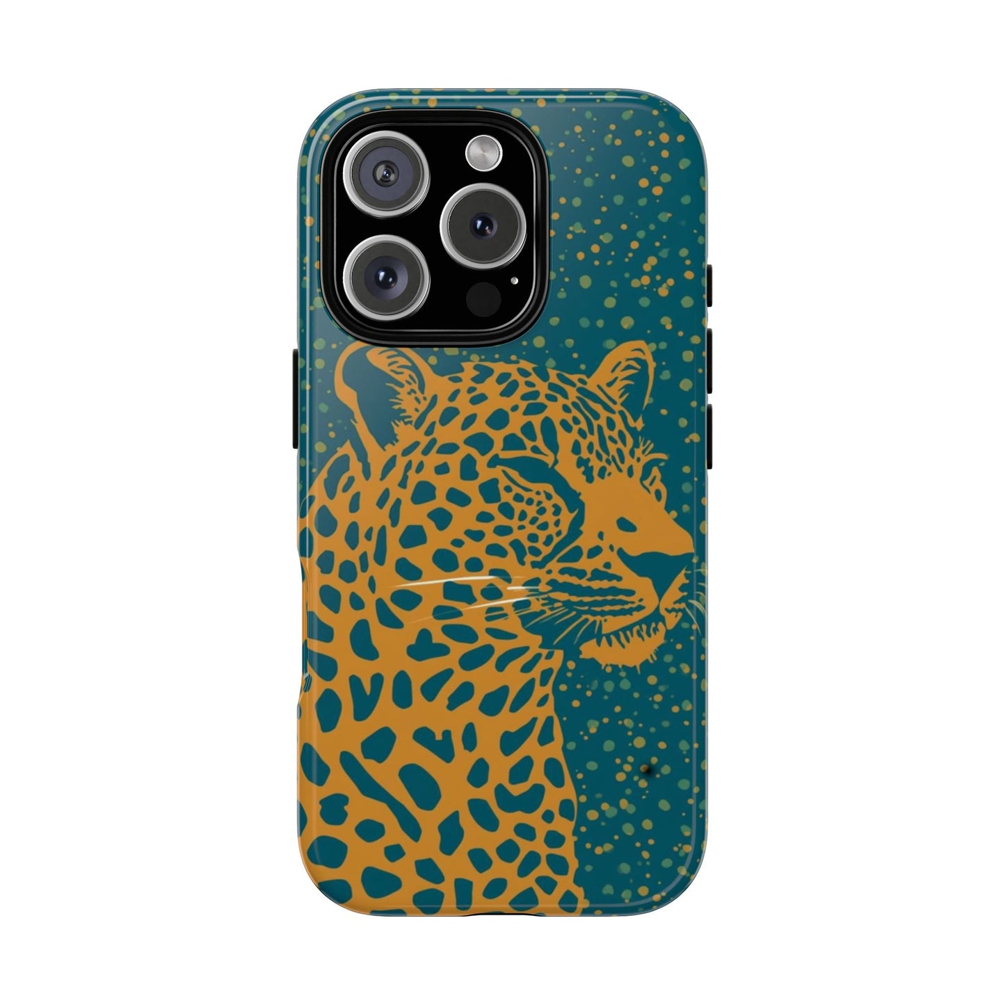 Leopard Print Tough Phone Case — Gold Panther on Teal, Protective iPhone Cover