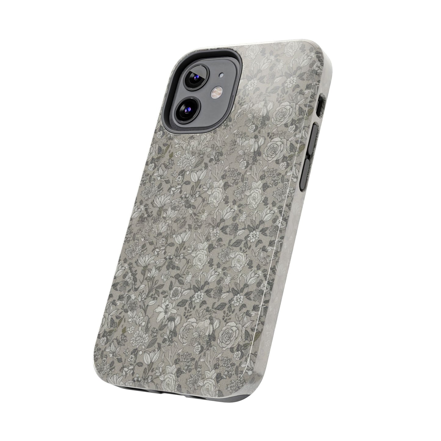 Gray Floral Tough Phone Case — Durable Protective Phone Cover with Vintage Botanical Pattern
