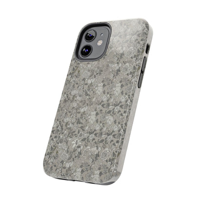Gray Floral Tough Phone Case — Durable Protective Phone Cover with Vintage Botanical Pattern