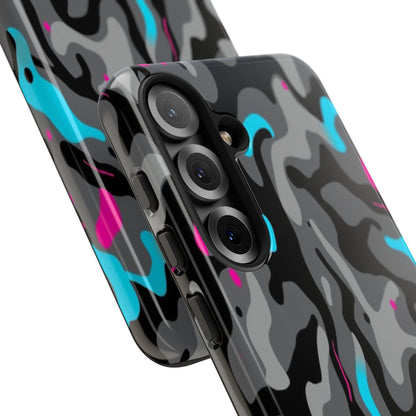 Camouflage Phone Case — Gray Camo with Neon Pink & Cyan Accent Tough Protective Cover