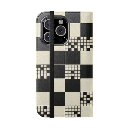 Checkerboard Flip Phone Case – Retro Black & Cream Geometric Wallet Case