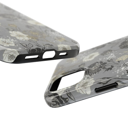 Floral Gray Tough Phone Case — Elegant Protective Phone Cover with Gold Accent