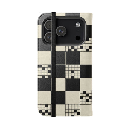 Checkerboard Flip Phone Case – Retro Black & Cream Geometric Wallet Case