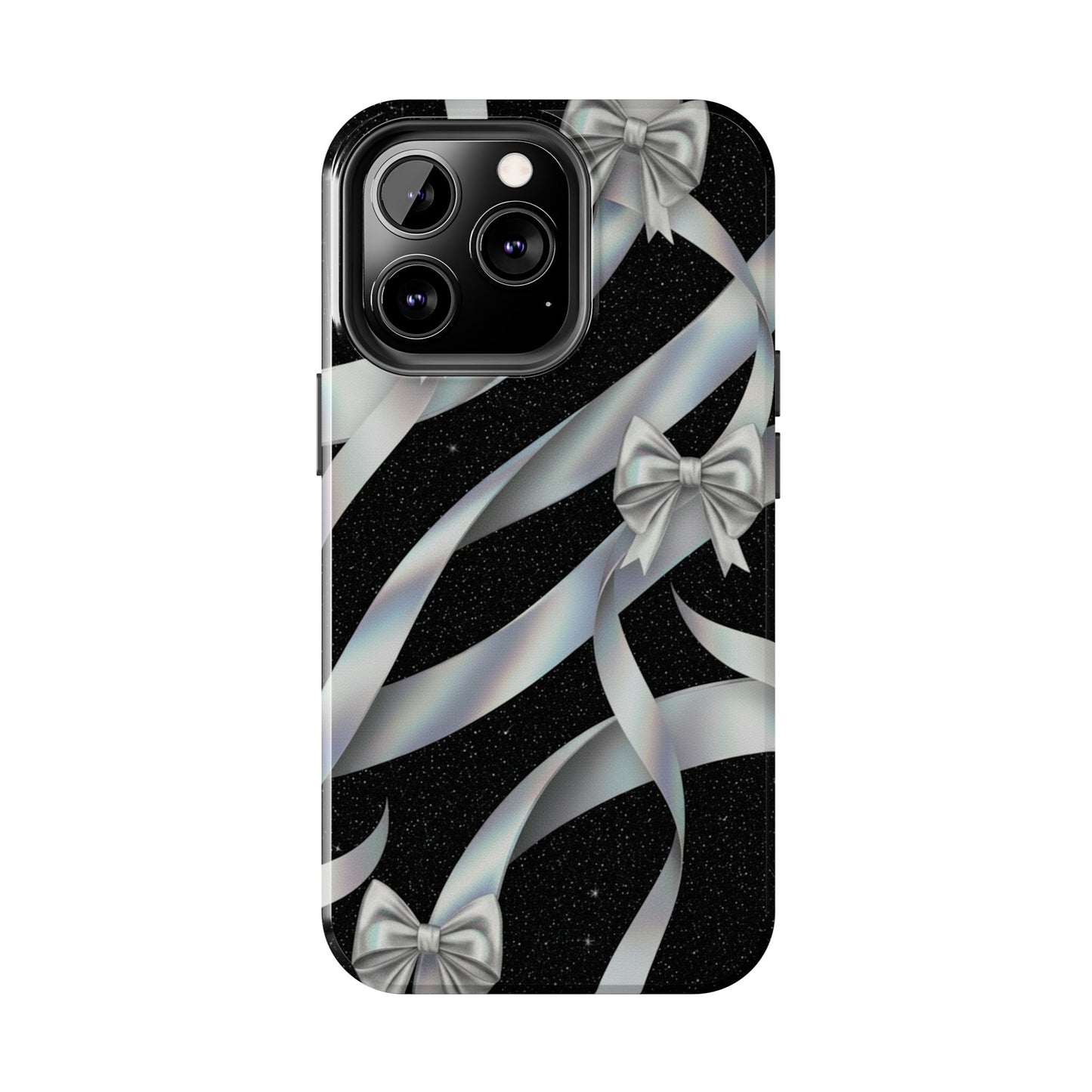 Silver Ribbon Bow Tough Phone Case — Glitter Black Protective Phone Case