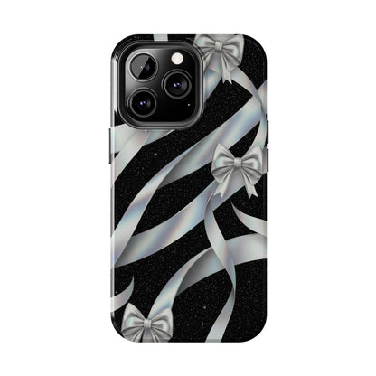 Silver Ribbon Bow Tough Phone Case — Glitter Black Protective Phone Case