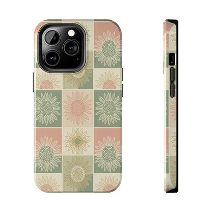 Sunflower Check iPhone Tough Phone Case — Retro Pastel Floral Protective Cover