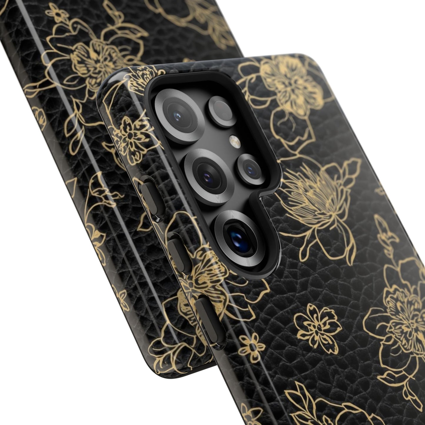 Floral Leather Phone Case — Gold Outline Flowers on Black Tough Case