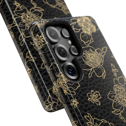 Floral Leather Phone Case — Gold Outline Flowers on Black Tough Case