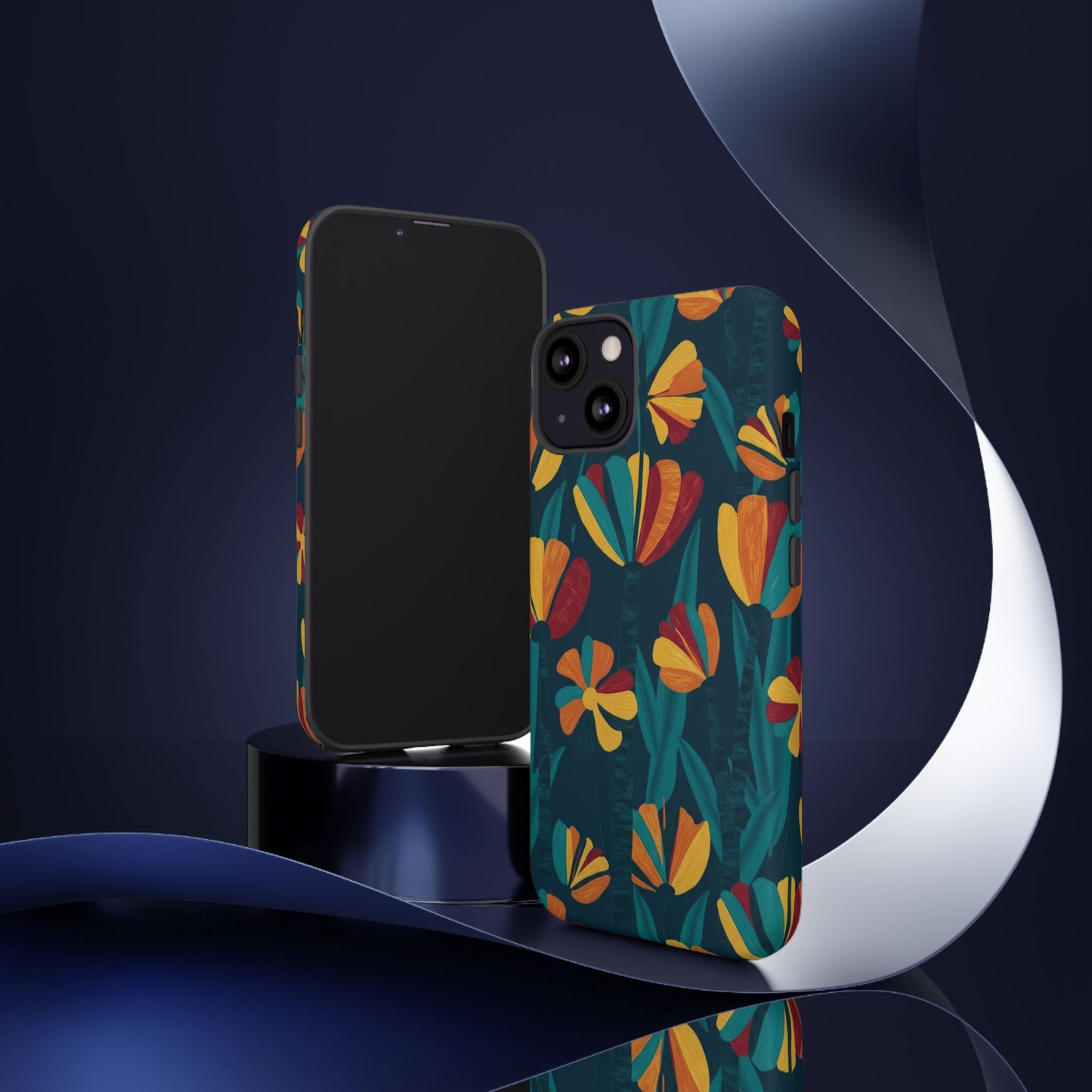 Floral Retro Teal Tough Phone Case — Vibrant Orange & Mustard Blooms