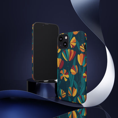 Floral Retro Teal Tough Phone Case — Vibrant Orange & Mustard Blooms