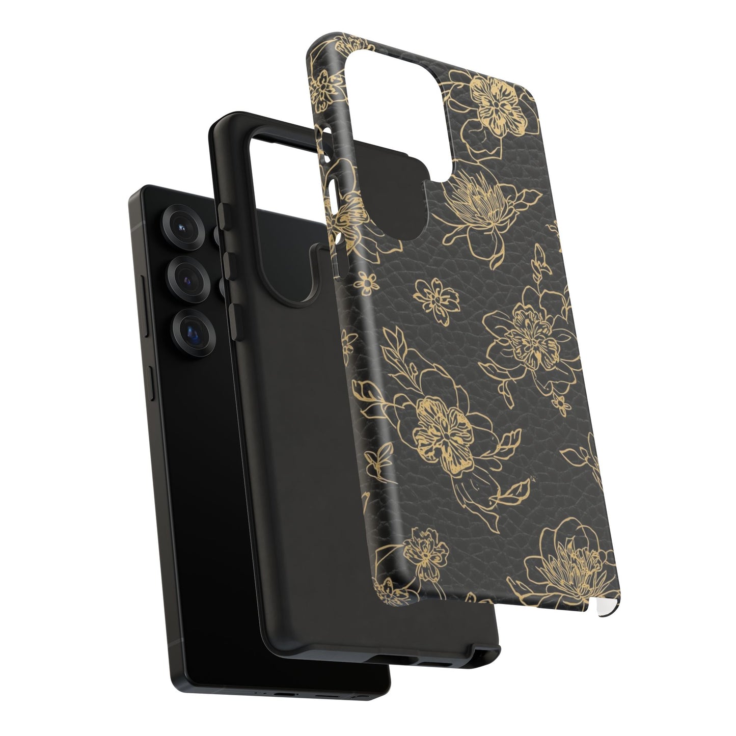 Floral Leather Phone Case — Gold Outline Flowers on Black Tough Case