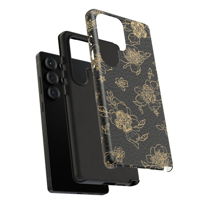 Floral Leather Phone Case — Gold Outline Flowers on Black Tough Case