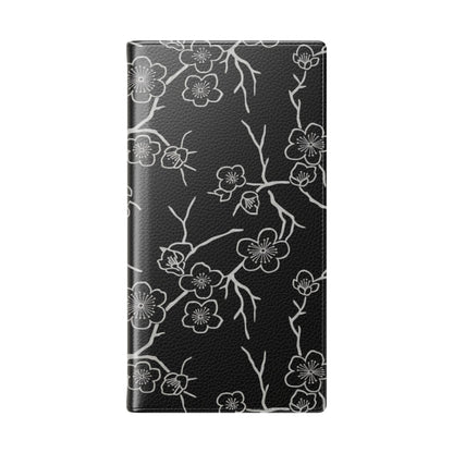 Black Cherry Blossom Flip Phone Case – Floral Wallet Flip Case with Card Slots