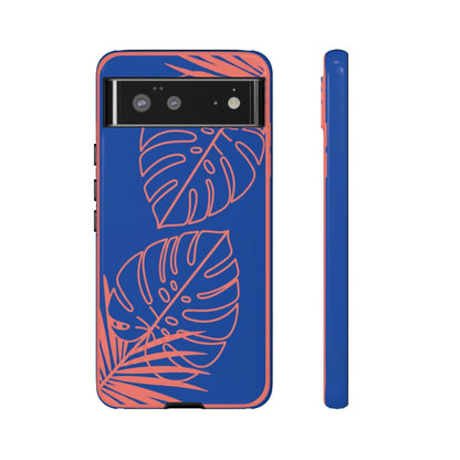 Tropical Monstera Phone Case — Blue & Coral Leaf Protective Cover