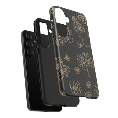 Floral Leather-Texture Tough Case – Black Gold Outline Phone Cover