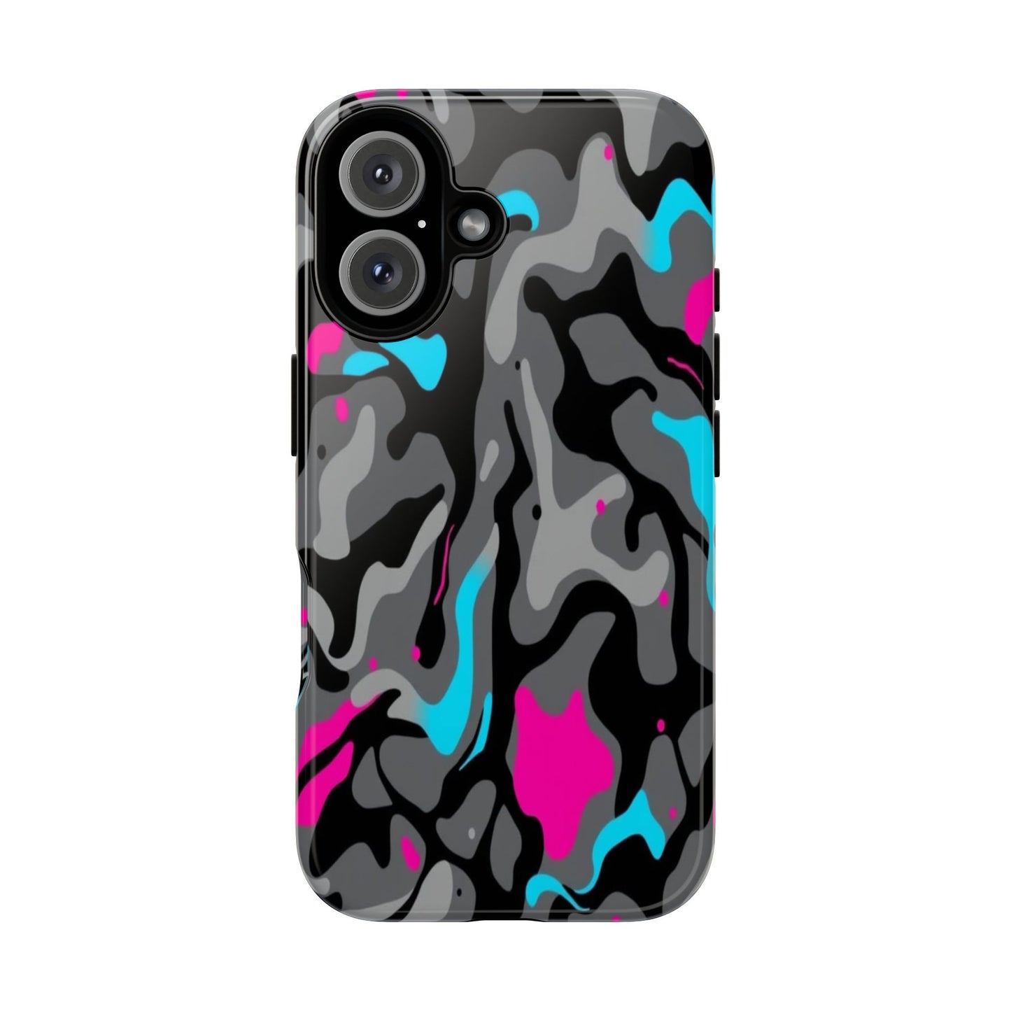 Camouflage Phone Case — Gray Camo with Neon Pink & Cyan Accent Tough Protective Cover