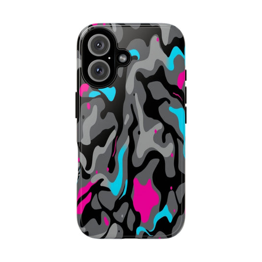 Camouflage Phone Case — Gray Camo with Neon Pink & Cyan Accent Tough Protective Cover