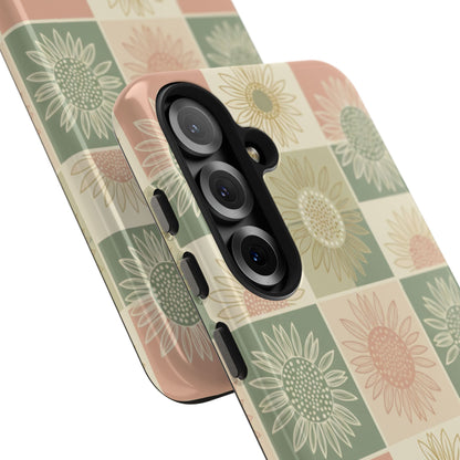 Sunflower Check iPhone Tough Phone Case — Retro Pastel Floral Protective Cover
