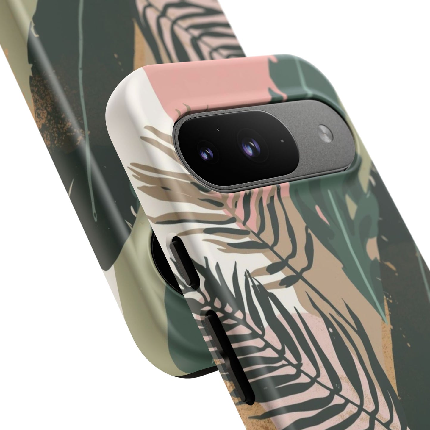Tropical Leaf Tough Phone Case — Abstract Pink & Green Botanical Protective Cover