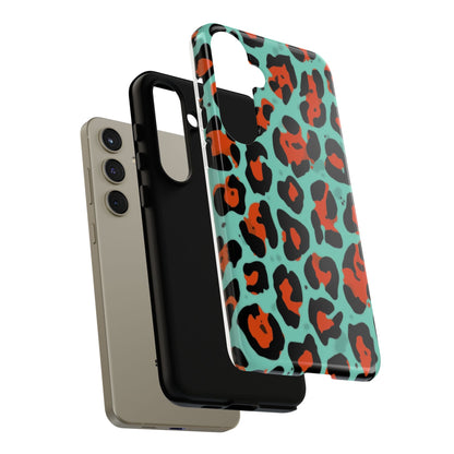 Leopard Print Tough Phone Case — Teal & Rust Protective iPhone Cover