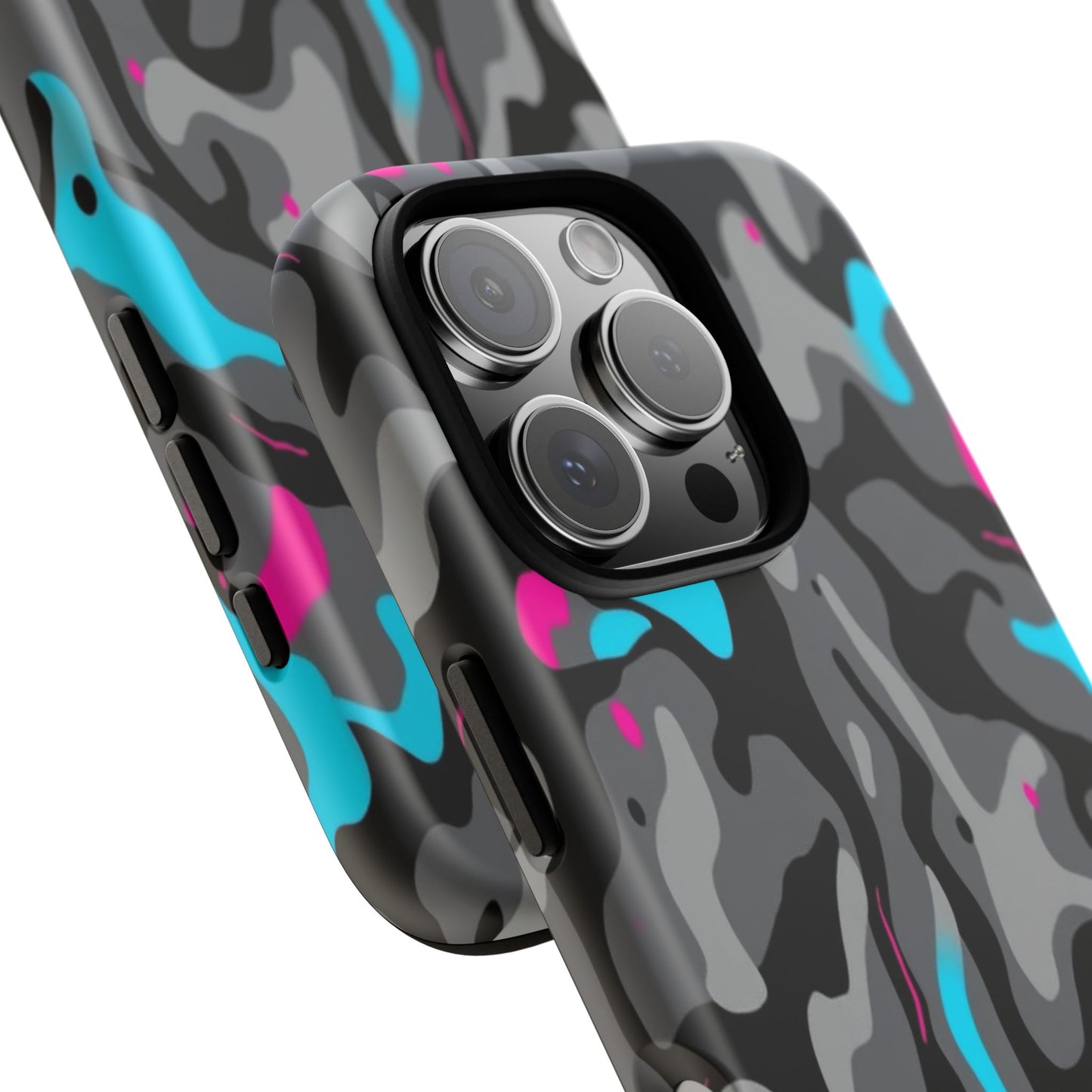 Camouflage Phone Case — Gray Camo with Neon Pink & Cyan Accent Tough Protective Cover