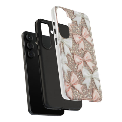 Glitter Bow Tough Phone Case — Pink & White Ribbon Protective Cover