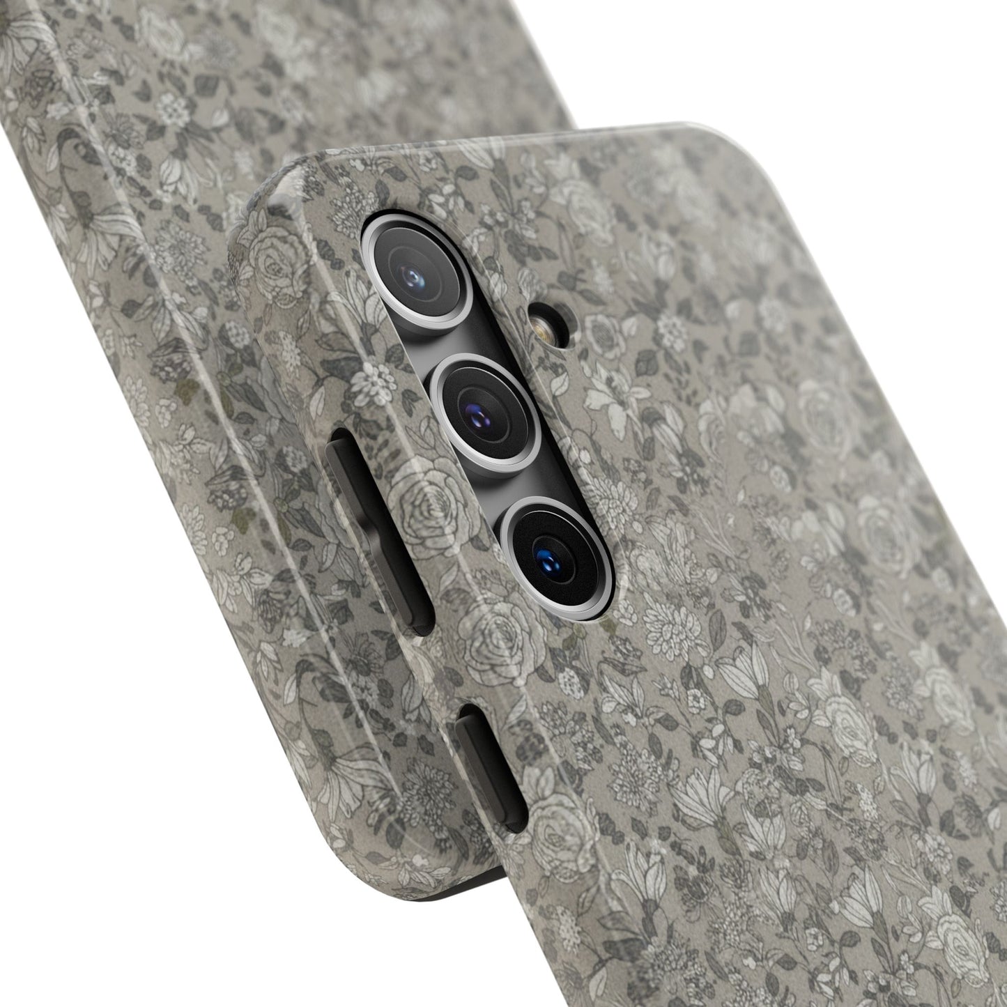 Gray Floral Tough Phone Case — Durable Protective Phone Cover with Vintage Botanical Pattern